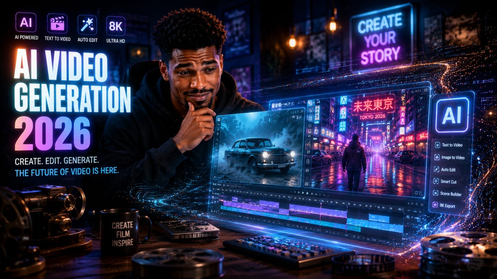 A creative filmmaker working in a modern studio using the 5 Best AI Video Generators in 2026 to create cinematic footage.