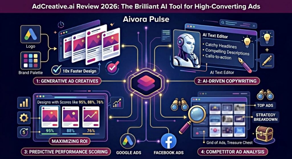 AdCreative.ai Review 2026: A brilliant infographic showing predictive scoring and generative AI for high-converting ads.