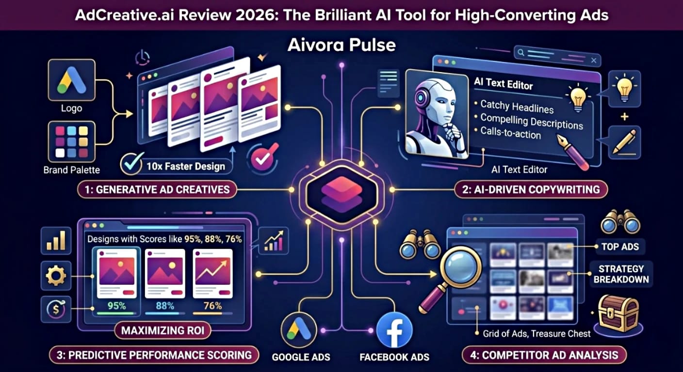 AdCreative.ai Review 2026: A brilliant infographic showing predictive scoring and generative AI for high-converting ads.