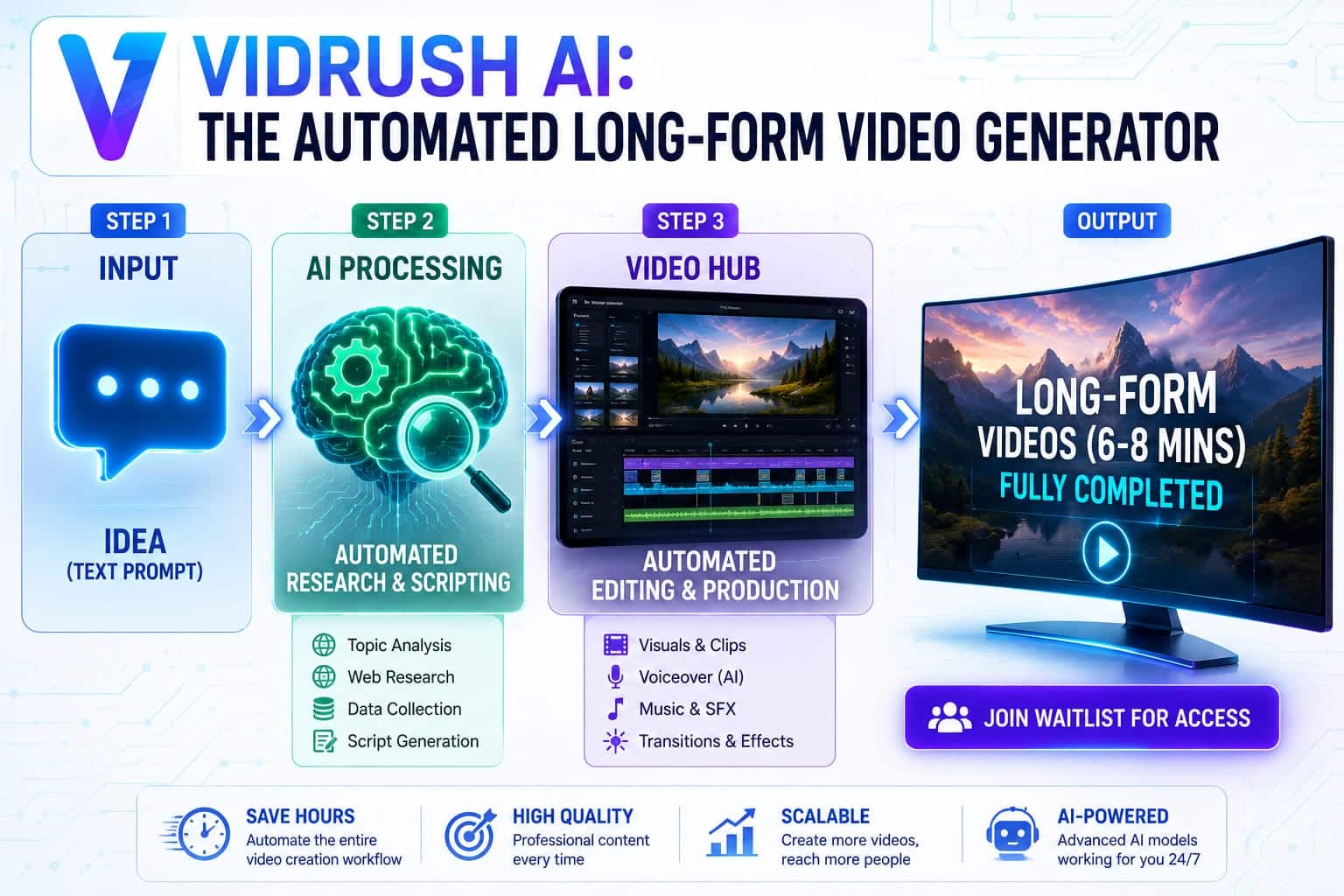 VidRush AI dashboard showing the automated long-form video creation process
