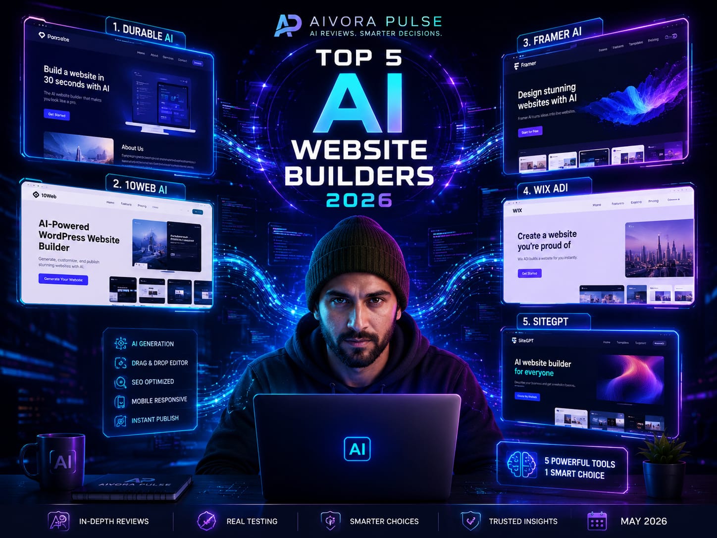 Comparison of the top 5 AI website builders in 2026 including Durable, Framer, Wix, Hostinger, and 10Web for no-code development
