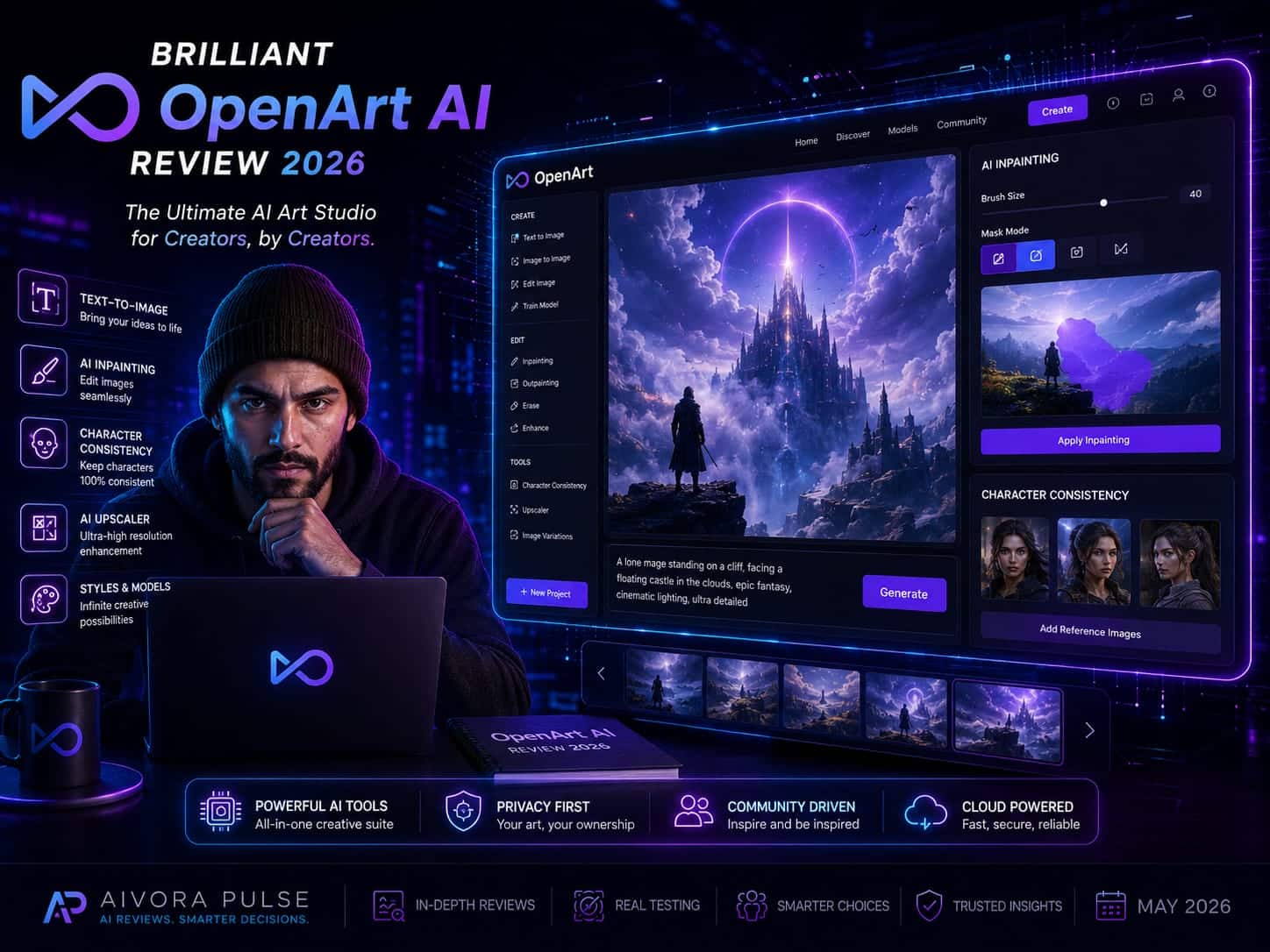 OpenArt AI platform workspace showing image generation, character consistency, and inpainting editing tools in 2026
