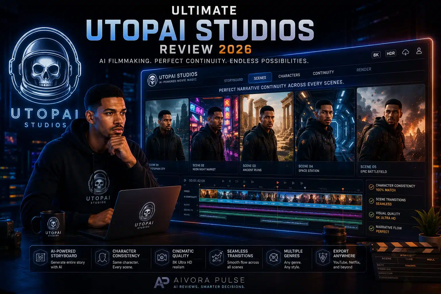 Utopai Studios PAI engine interface showing a cinematic 4K video timeline with perfect narrative continuity in 2026