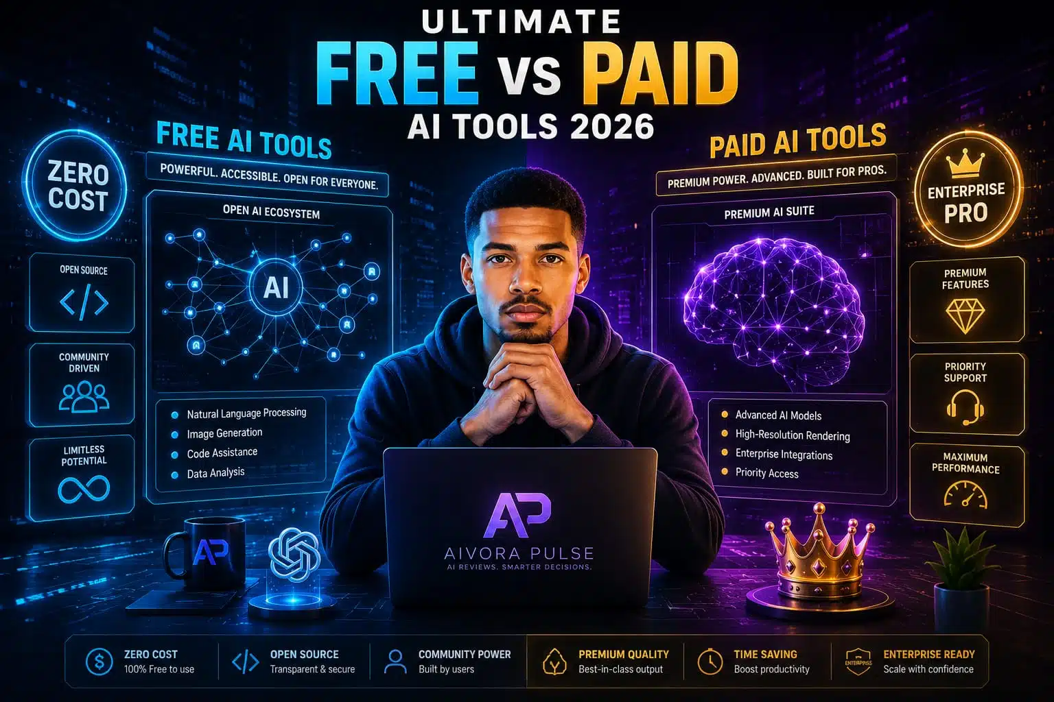 A detailed comparison table showing the differences, pros, and cons between free vs paid AI tools in 2026