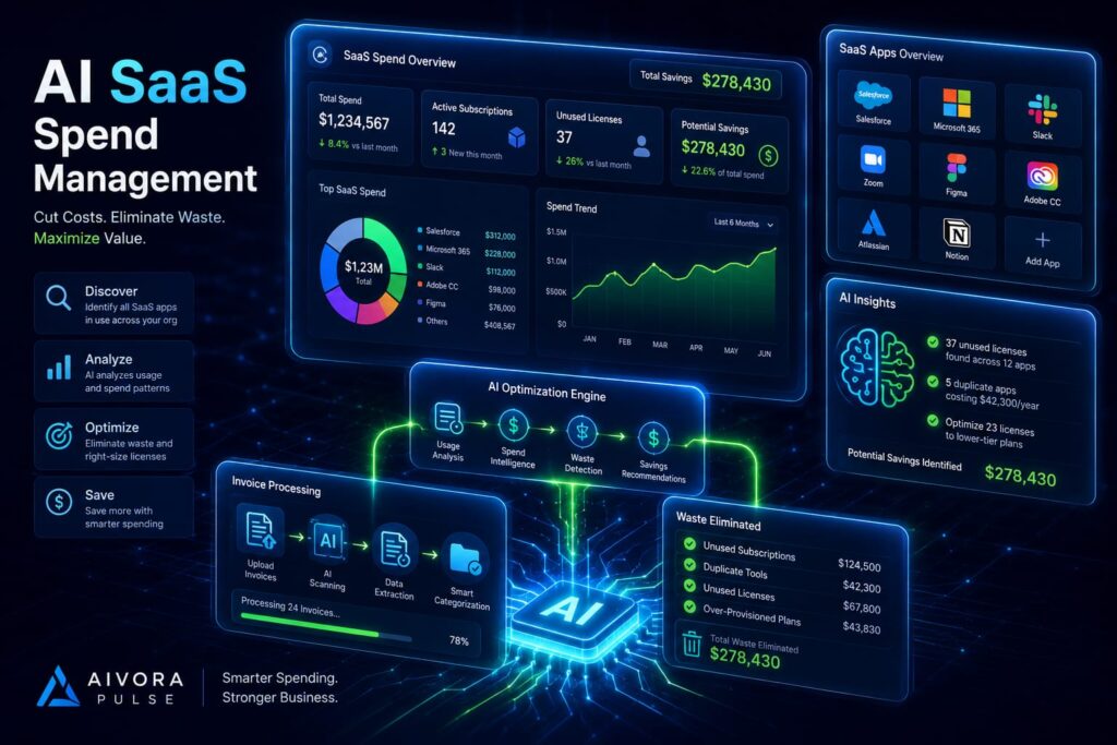 AI SaaS Spend Management digital dashboard displaying automated software cost reductions and subscription tracking in 2026