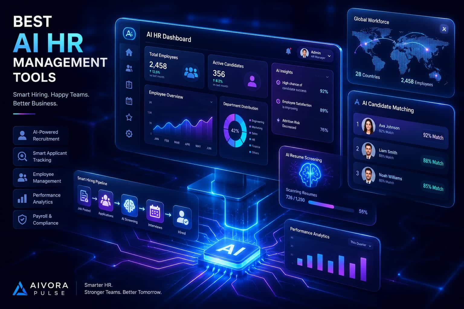 Best AI HR Management Tools dashboard displaying automated recruitment and global payroll data in 2026