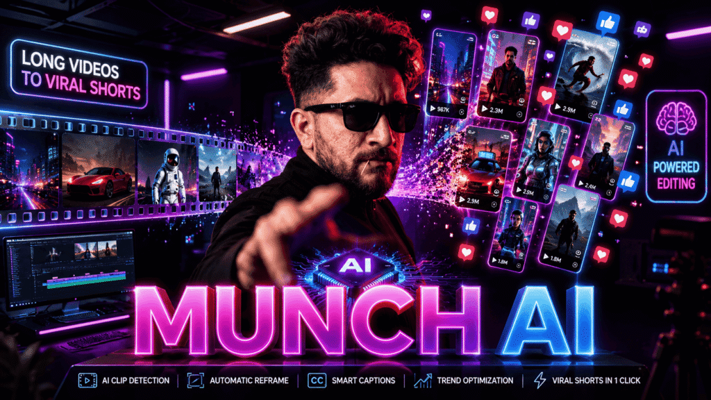 A comprehensive Munch Studio AI review dashboard showing the new 2026 faceless URL-to-video generator and automated YouTube Shorts repurposing tools.