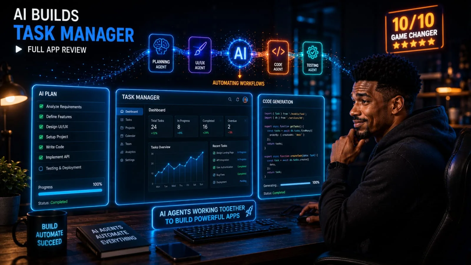 A digital workspace showing n8n and Base 44 platforms for our hands-on AI Agent Tools Review 2026.