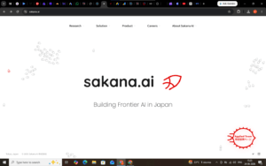The official homepage of Sakana AI website featuring their motto Building Frontier AI in Japan.