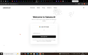 The Welcome to Sakana AI console login page showing the Google sign-in and email authentication dashboard.