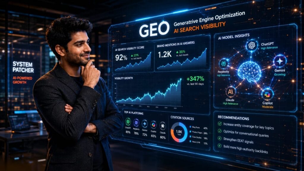 A tech entrepreneur analyzing a futuristic dashboard showing the Top 5 AI Search Visibility Tools in 2026 for Generative Engine Optimization (GEO).