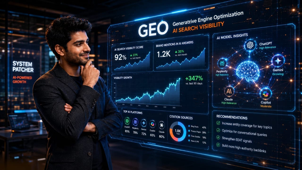 A tech entrepreneur analyzing a futuristic dashboard showing the Top 5 AI Search Visibility Tools in 2026 for Generative Engine Optimization (GEO).