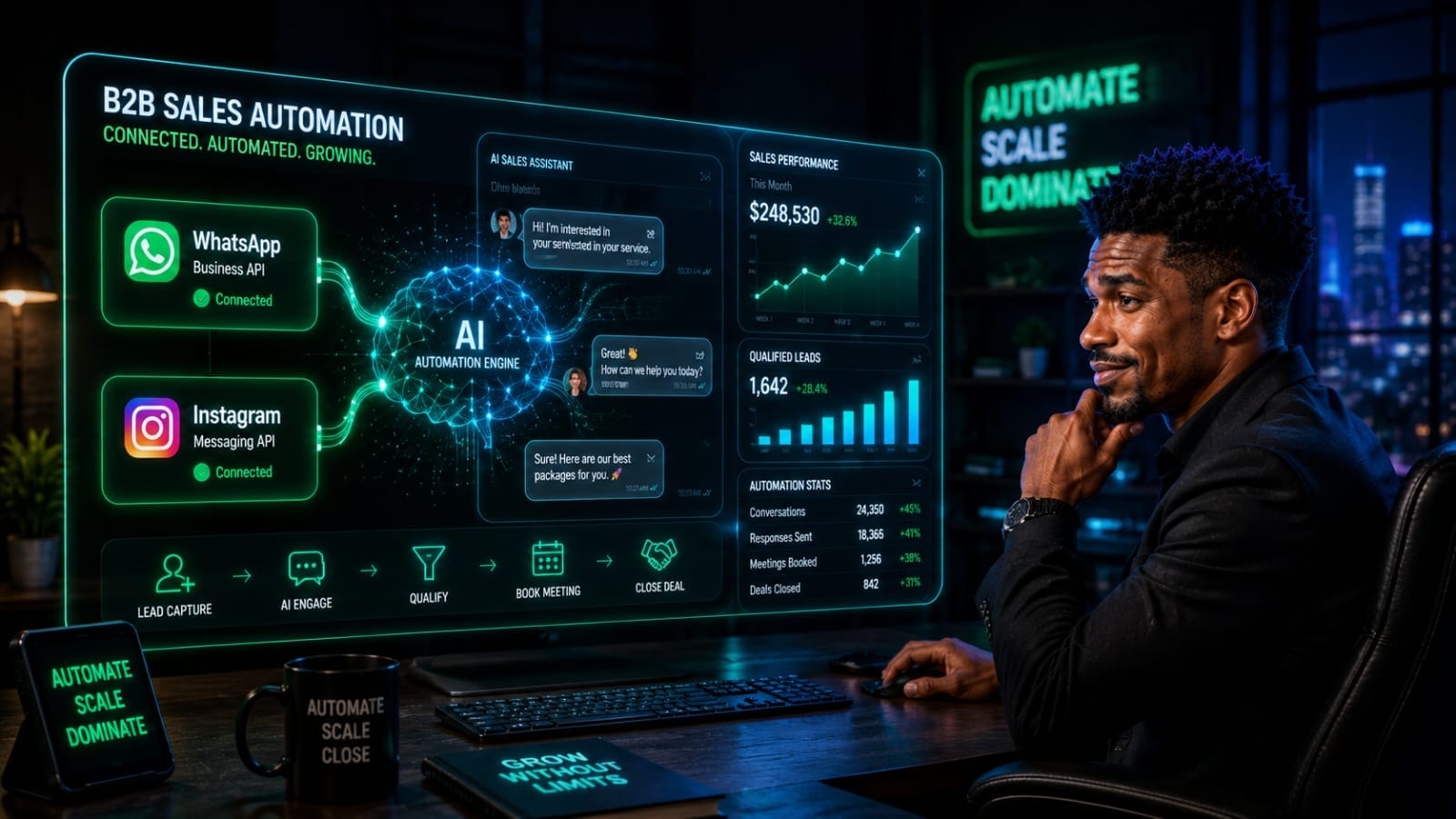 A modern tech entrepreneur using the Meta Business Agent to configure powerful WhatsApp sales automation for a B2B startup.