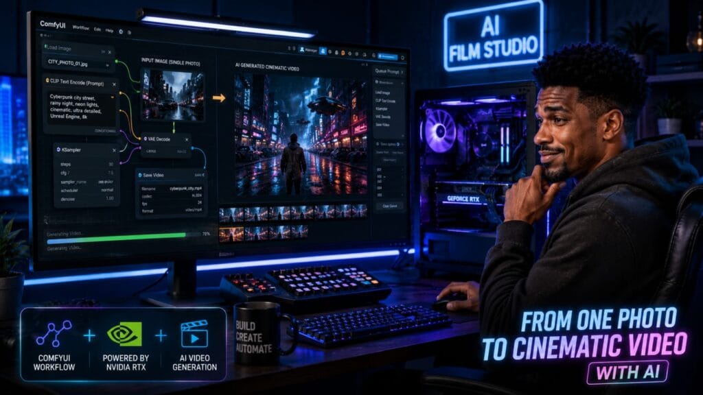 A futuristic computer setup displaying the Hunyuan Image to Video AI 1.5 interface generating free 1080p cinematic videos.