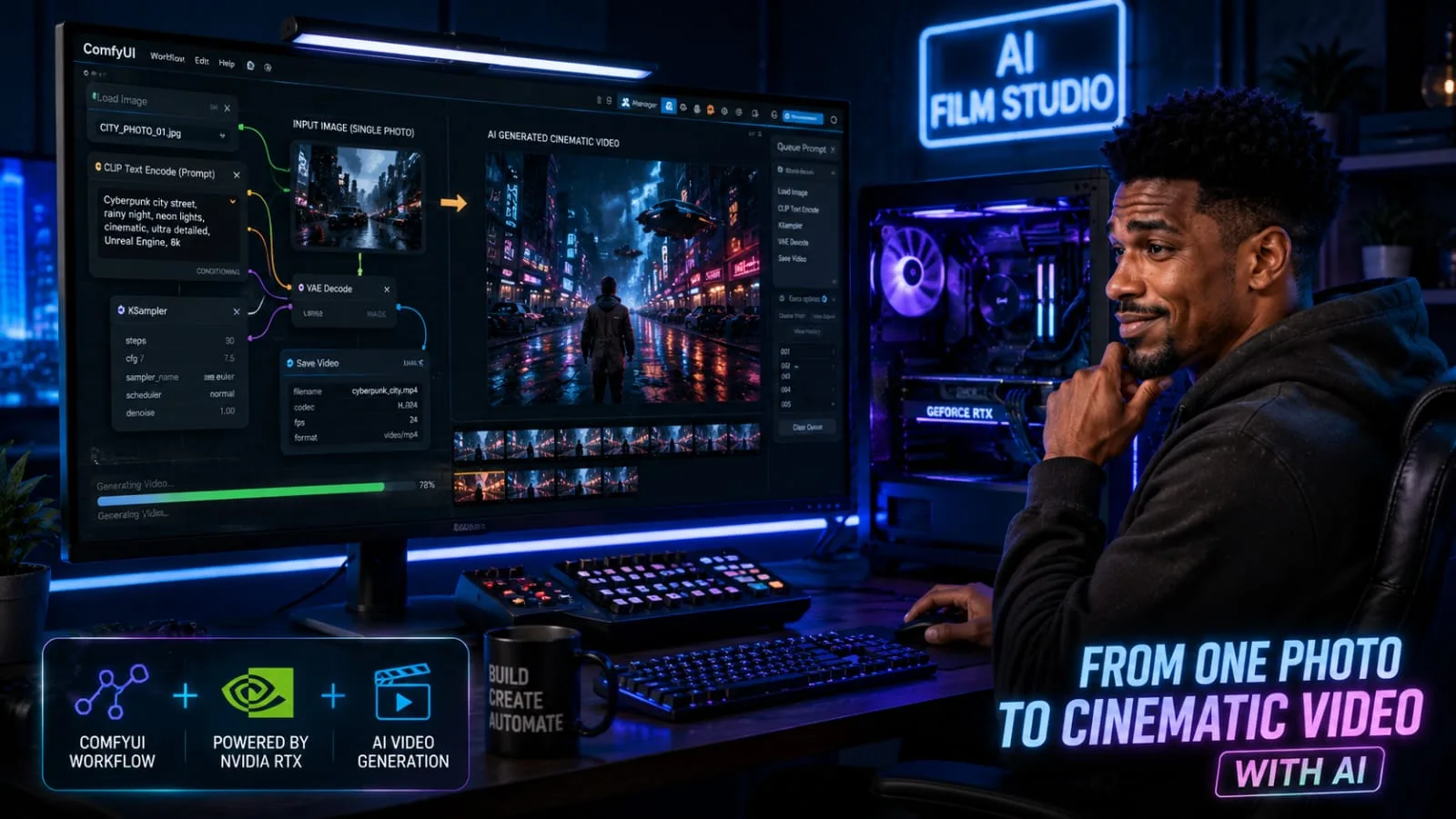 A futuristic computer setup displaying the Hunyuan Image to Video AI 1.5 interface generating free 1080p cinematic videos.