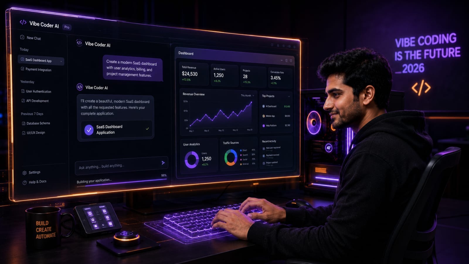 A professional entrepreneur using Lovable AI and Vibe Coding in 2026 to build full-stack web applications without writing manual code.