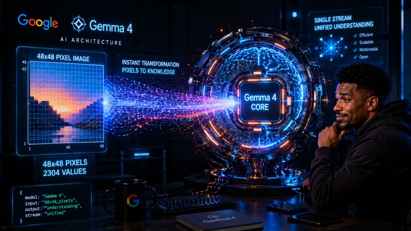 A 3D digital visualization showing the encoder-free architecture of the Google Gemma 4 12B Model processing data.