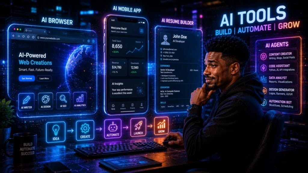 A digital dashboard showcasing the 7 Crazy AI Tools 2026 to boost productivity