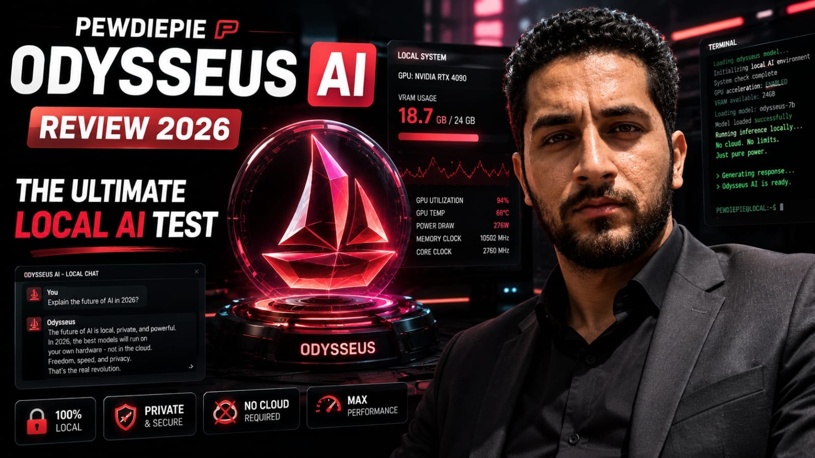 A futuristic desktop interface demonstrating our PewDiePie Odysseus AI Review 2026