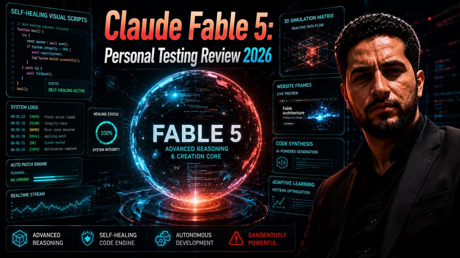 An abstract conceptual visualization of Claude Fable 5 rendering an advanced animated web ecosystem