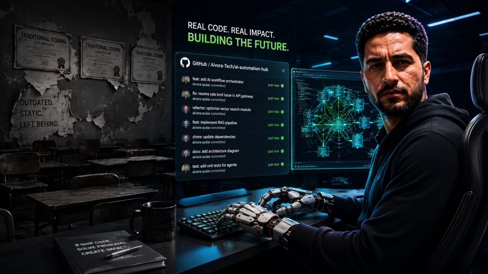 Are Coding Bootcamps Dead comprehensive technical analysis infographic showing AI engineering workspace