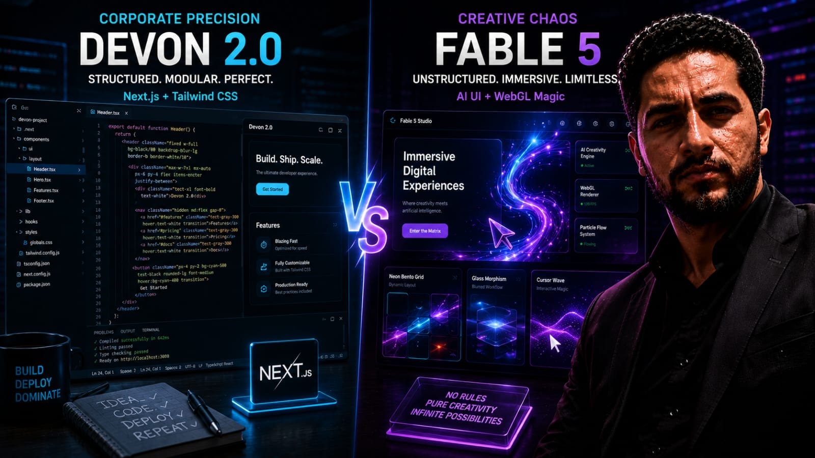 v0 by Vercel vs Claude Fable 5 comparison matrix highlighting advanced AI UI generator workspace