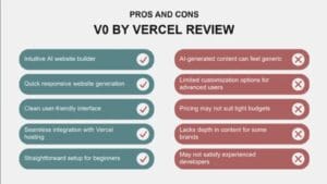 Infographic displaying the pros and cons of v0 by Vercel website builder highlighting key advantages and limitations.