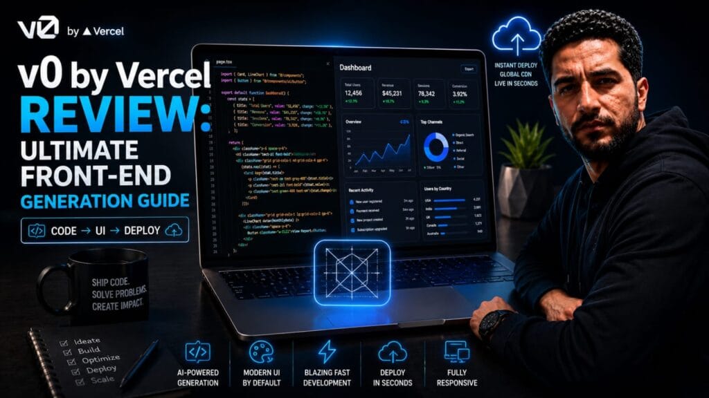 v0 by Vercel Review technical infographic showcasing automated front end interface generation