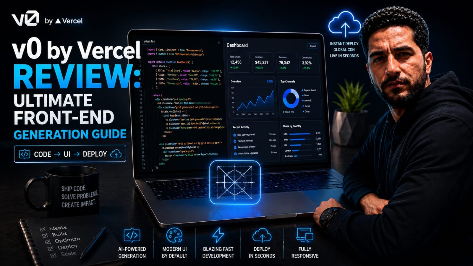 v0 by Vercel Review technical infographic showcasing automated front end interface generation