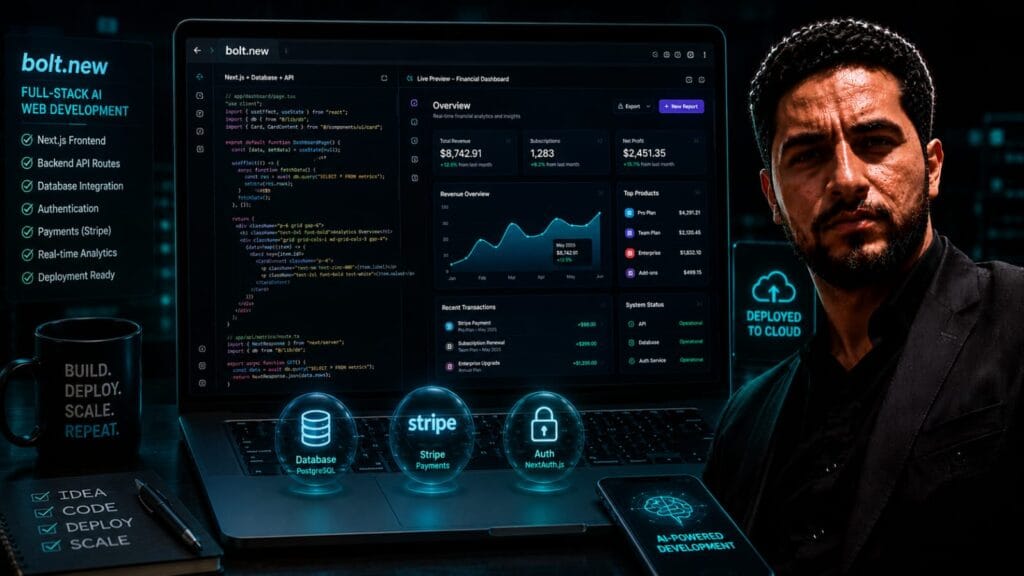 Bolt.new Review technical infographic showing in browser web containers and full stack AI application development