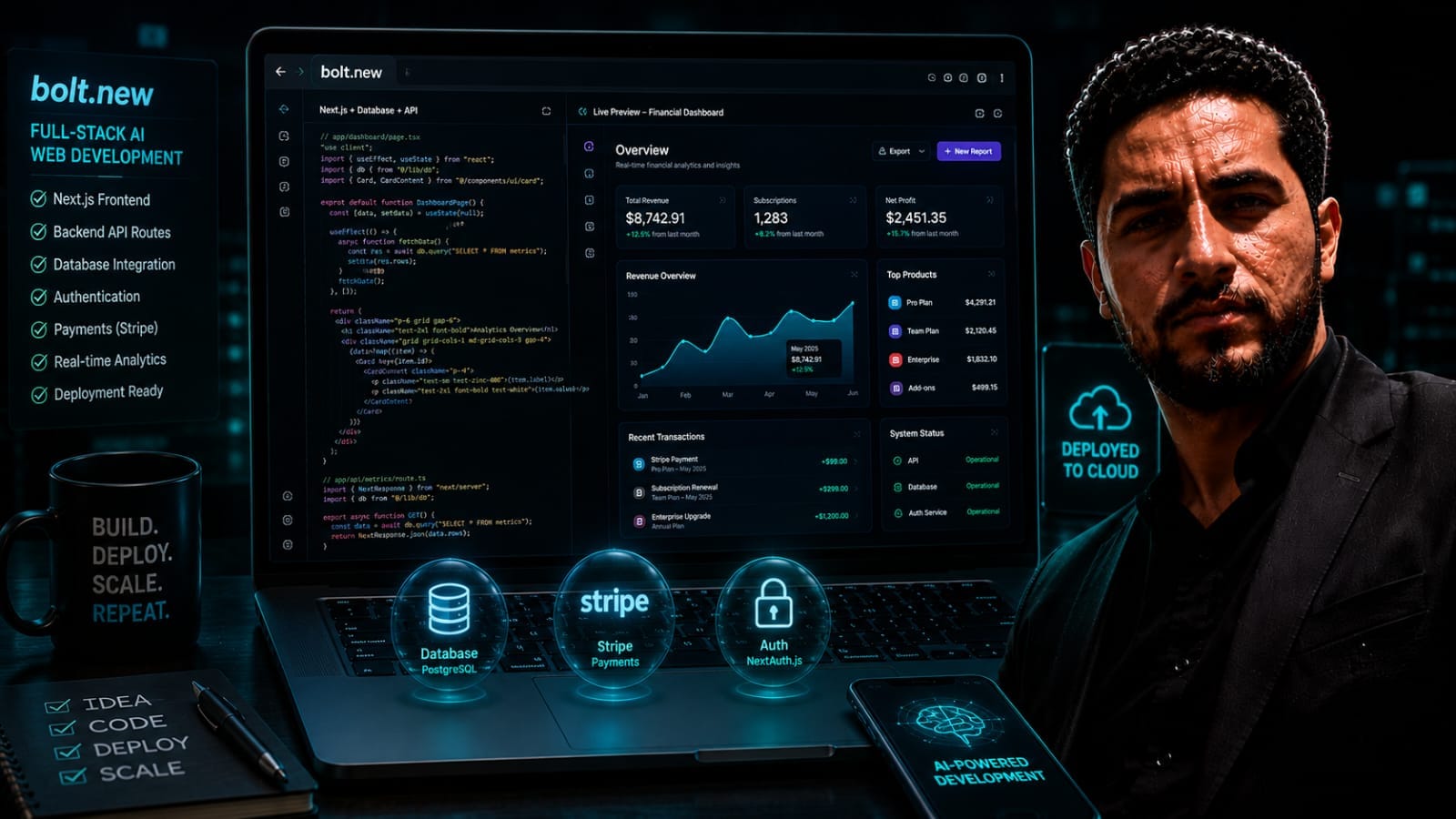 Bolt.new Review technical infographic showing in browser web containers and full stack AI application development
