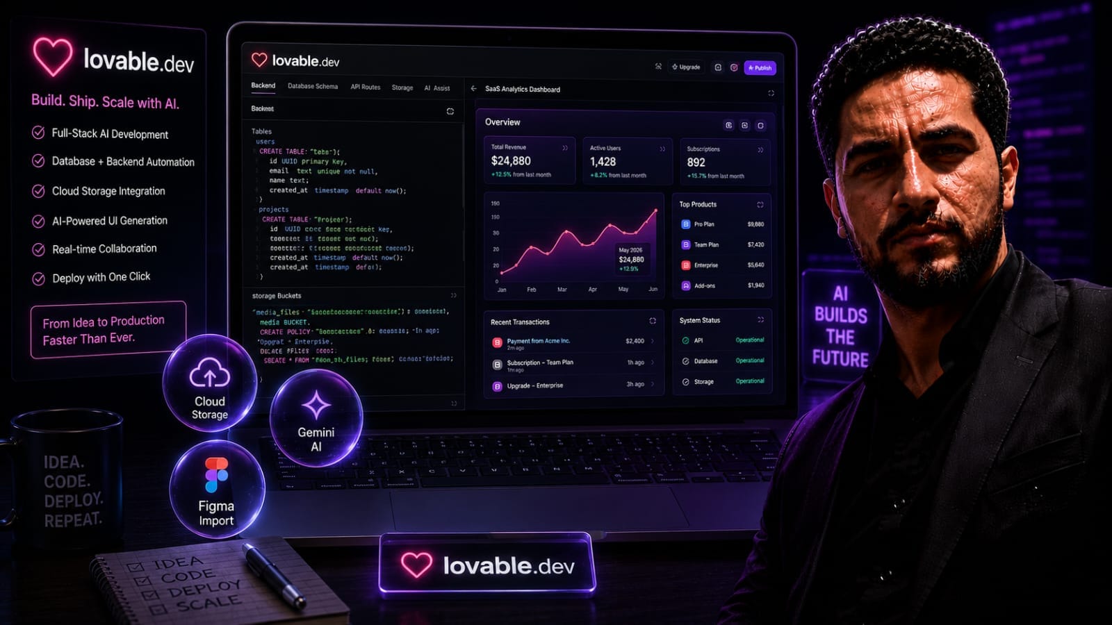 Lovable.dev Review technical infographic showcasing full stack AI application development platform workspace