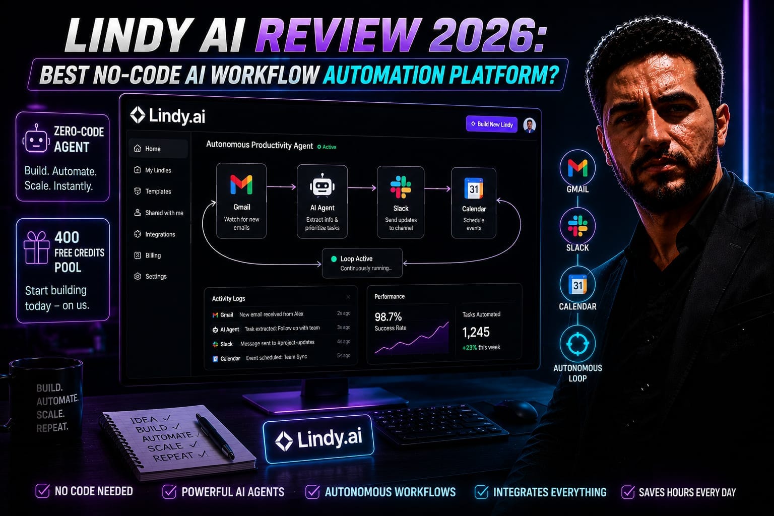 Lindy AI Review 2026 technical infographic showing the best no code AI workflow and autonomous agent builder interface