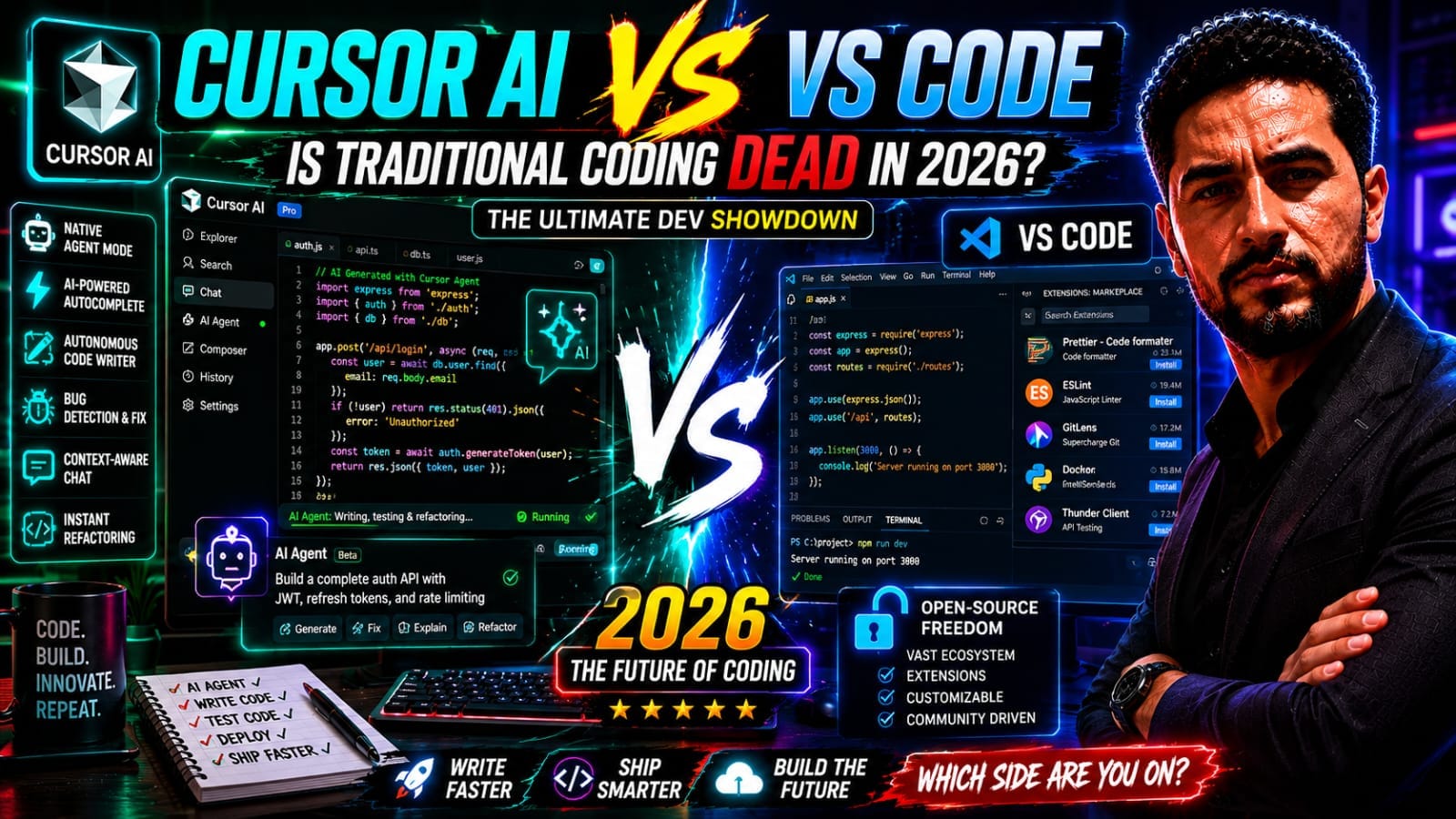 Cursor AI vs VS Code comparison review layout showing native AI agent mode alongside traditional Visual Studio Code environment