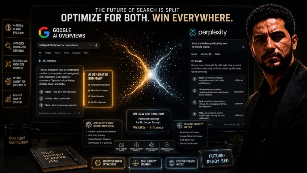Google AI Overviews vs Perplexity comprehensive comparison layout demonstrating Generative Engine Optimization GEO frameworks and search citation visibility