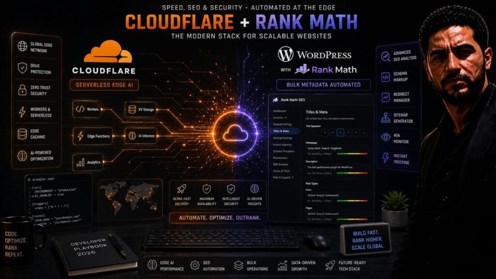 Cloudflare Workers AI + Rank Math integration dashboard showing safe bulk metadata automation and serverless edge SEO optimization