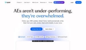 Sybill AI homepage interface highlighting automated sales follow ups, CRM updates, and conversation magic summary features