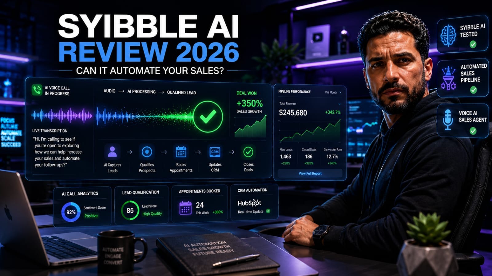 Syibble AI review banner showing the artificial intelligence sales assistant system interface for automated pipeline workflows