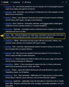 Technical repository view highlighting Moltis structural details among open source AI Agents.