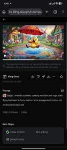 A mobile interface screenshot of Kling AI Omni running a complex cartoon character video prompt.
