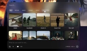 The visual camera movement and cinematic transition selection dashboard on Luma Dream Machine.