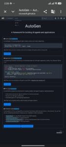 Microsoft AutoGen official documentation page displaying Python code for building multi-agent AI Agents Frameworks.