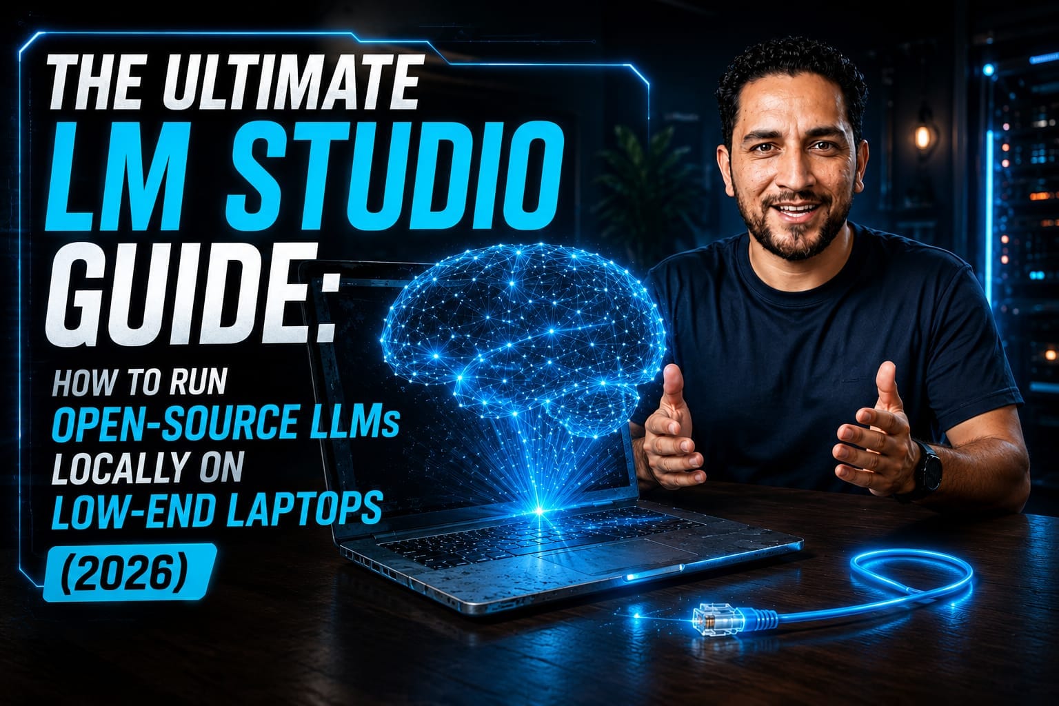 LM Studio Guide: A high-tech digital workspace showing an open-source LLM running locally on a low-end laptop.