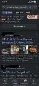 Perplexity AI vs Google Search: Traditional Google search engine results interface showing multiple blogs and listicles for best pizza spots.
