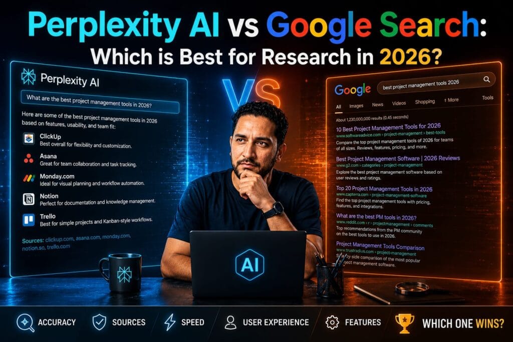LM Studio Guide: A custom tech graphic comparing Perplexity AI vs Google Search interfaces with a developer analyzing the research data.