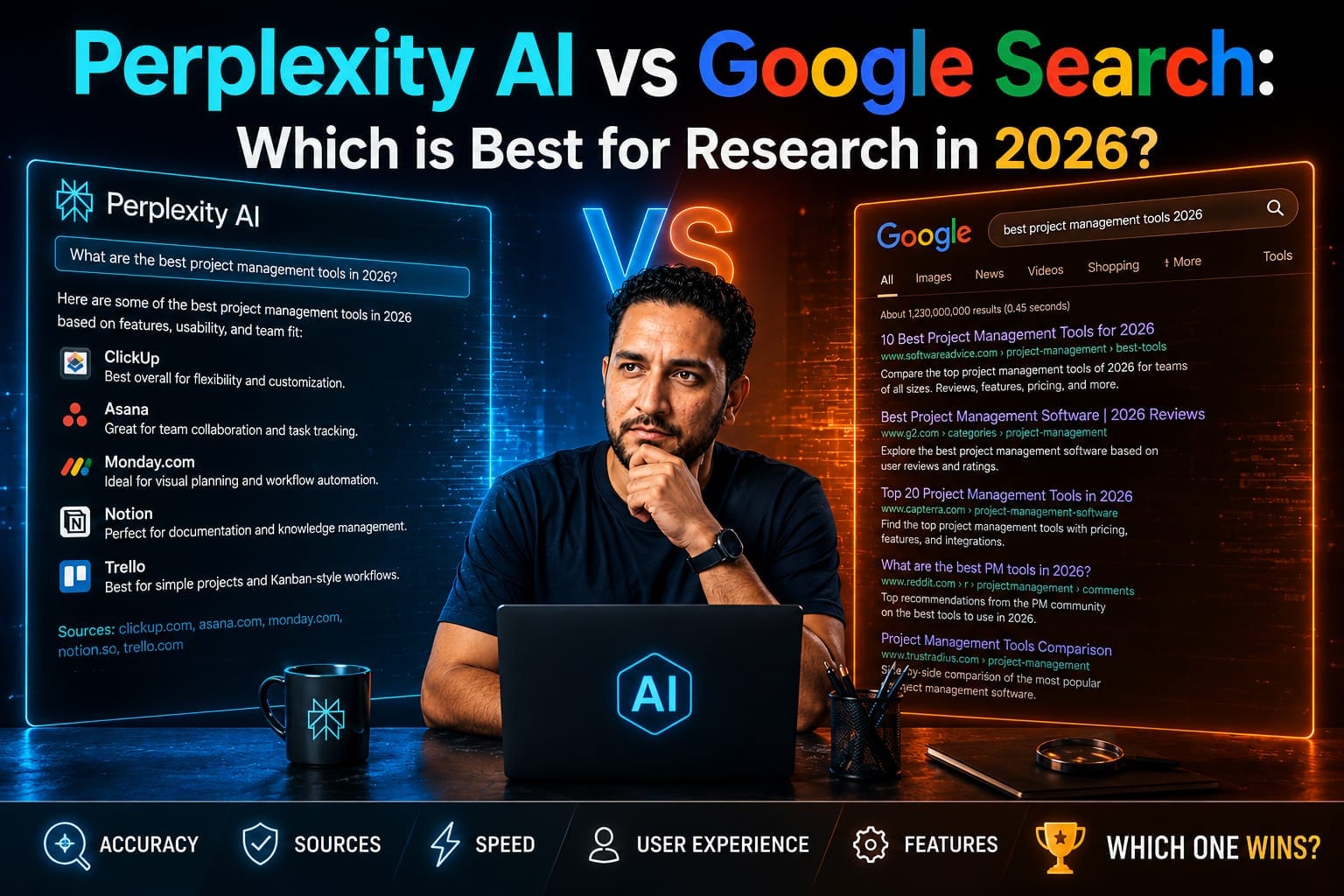 LM Studio Guide: A custom tech graphic comparing Perplexity AI vs Google Search interfaces with a developer analyzing the research data.