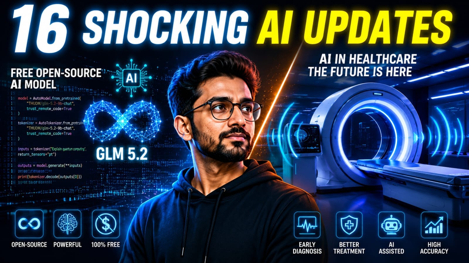 16 Shocking AI Updates: A custom tech illustration highlighting the open-source GLM 5.2 launch and Midjourney's new medical body scanner prototype.