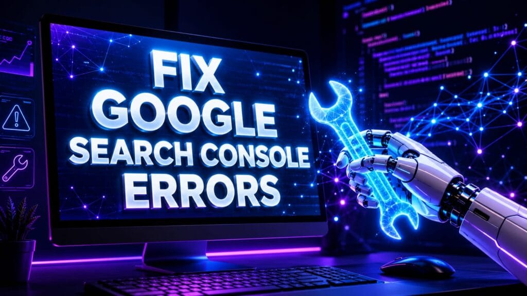 A futuristic computer monitor displaying how to Fix Google Search Console Errors, featuring a robotic AI hand holding a glowing wrench to solve indexing issues and optimize website SEO.