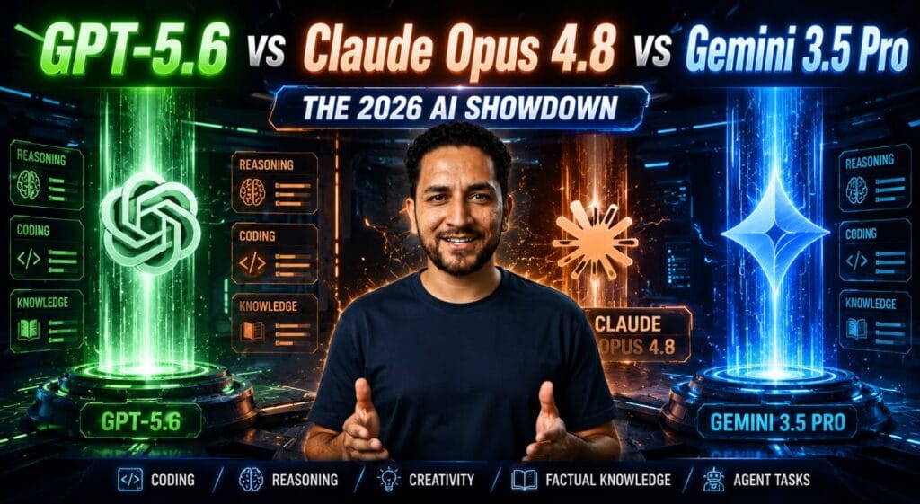 A high-tech digital arena displaying a technical comparison of GPT-5.6 vs Claude Opus 4.8 vs Gemini 3.5 Pro with glowing holographic pillars of light and advanced AI neural networks representing the 2026 LLM showdown.