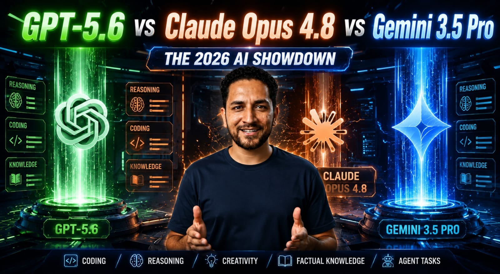 A high-tech digital arena displaying a technical comparison of GPT-5.6 vs Claude Opus 4.8 vs Gemini 3.5 Pro with glowing holographic pillars of light and advanced AI neural networks representing the 2026 LLM showdown.